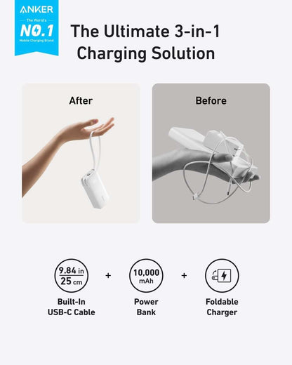 3-in-1 charging solution graphic: power bank with built-in USB-C cable and foldable charger