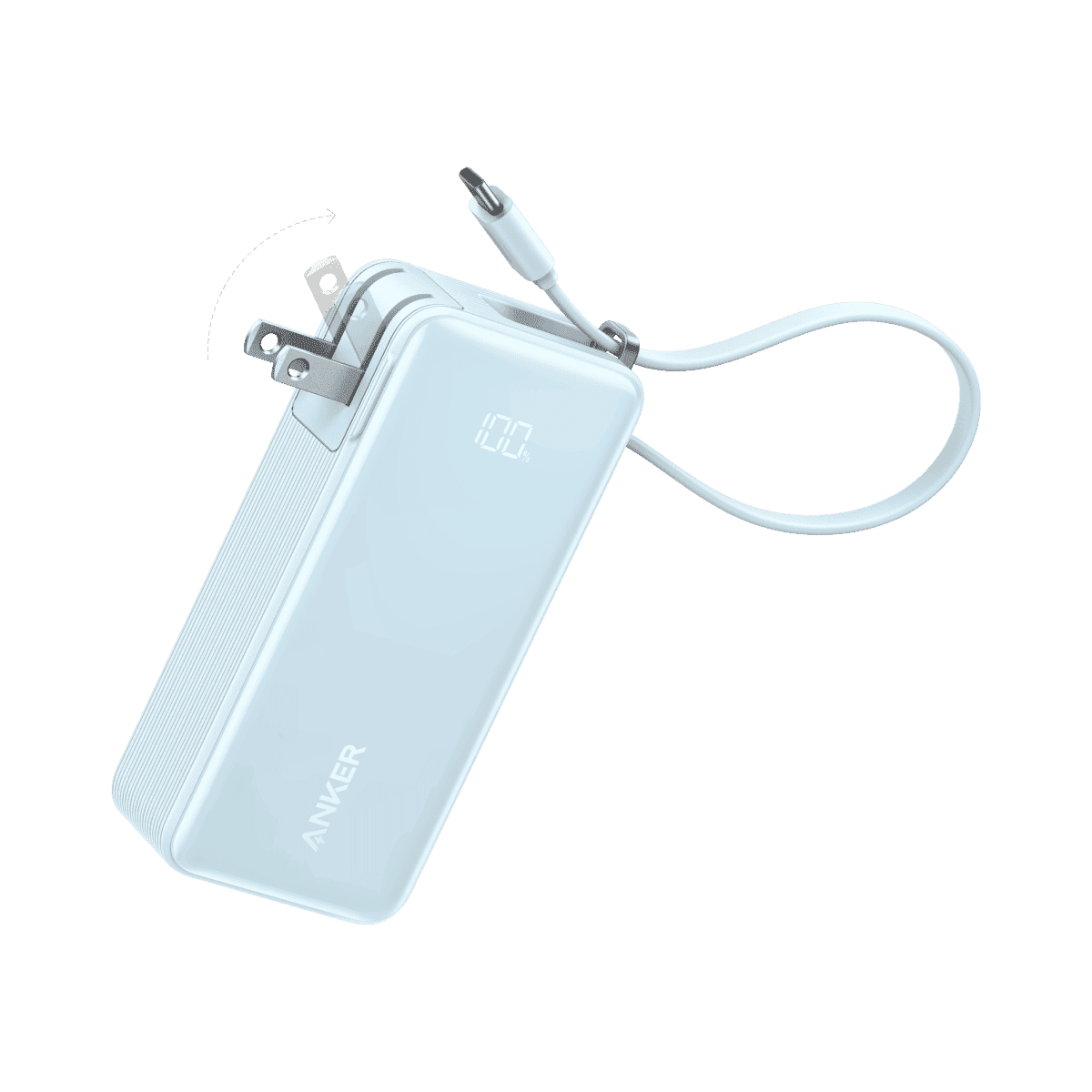 Light blue power bank with built-in USB-C cable connected to a power plug