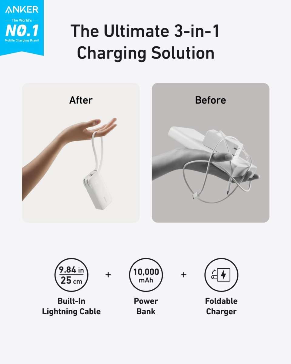 Portable 3-in-1 charging solution with foldable charger and built-in Lightning cable power bank