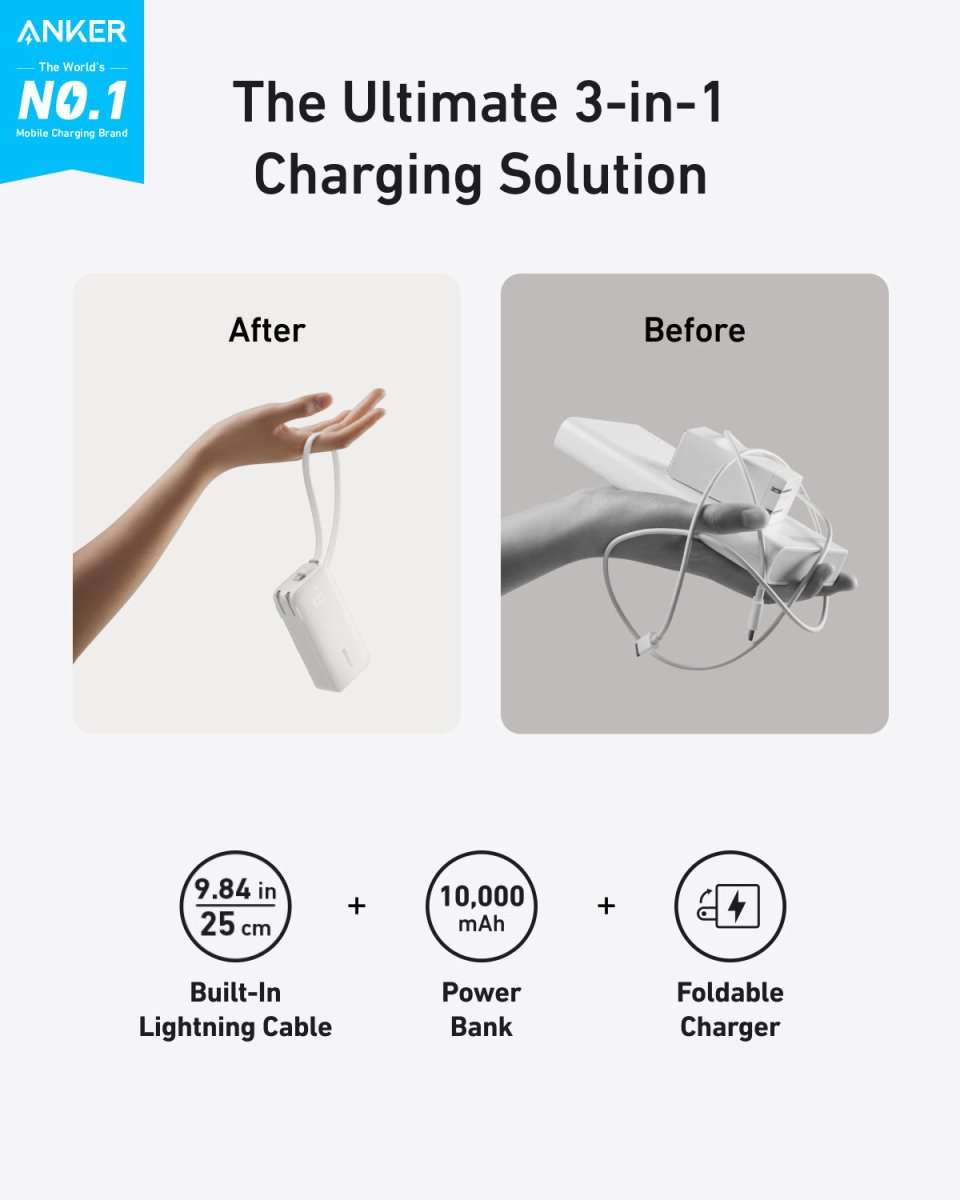 Power bank charging infographic with built-in cable and foldable charger icons
