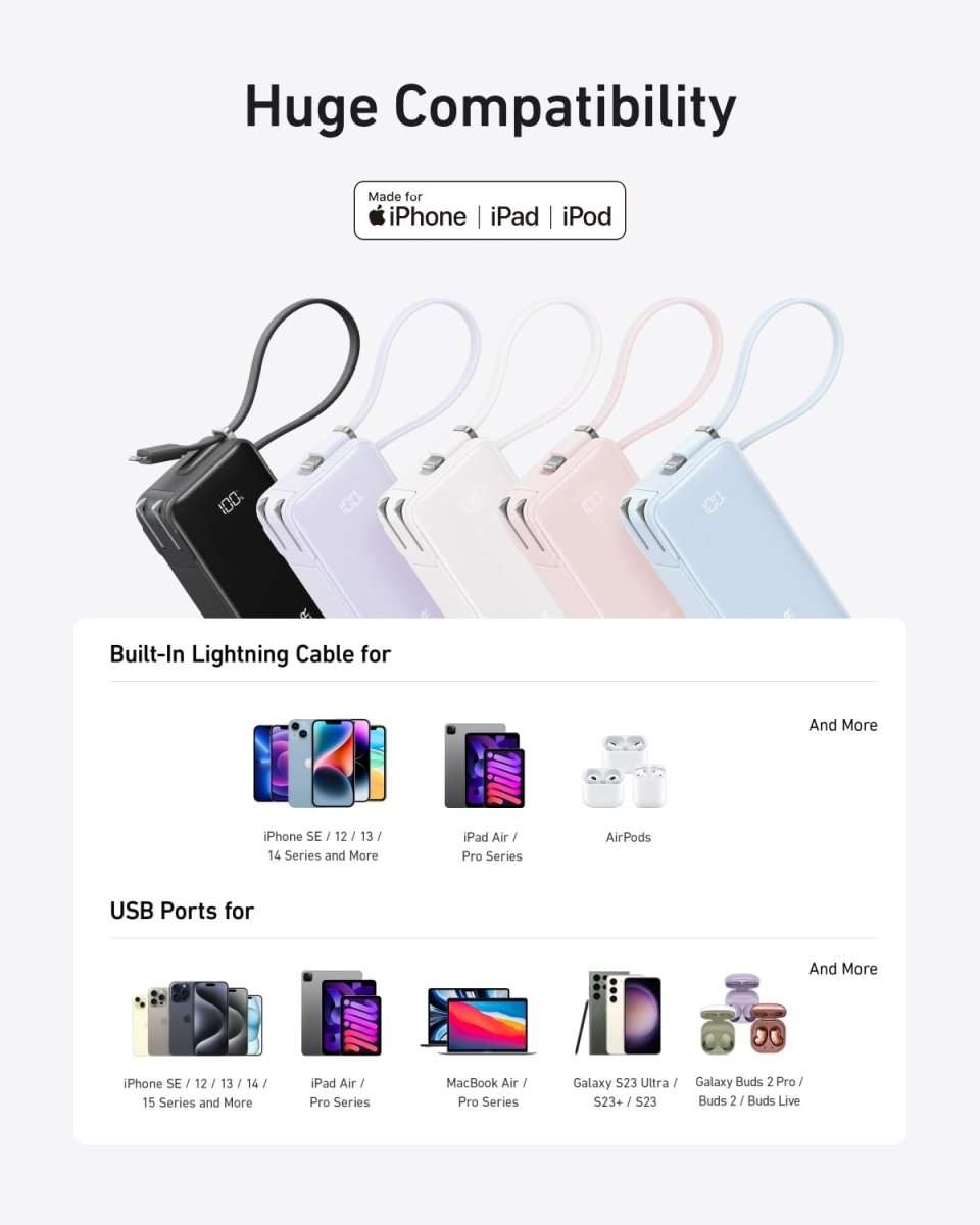 White and pastel power banks with built-in Lightning cable, with phone compatibility icons