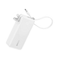 White power bank with built-in cable and charging port, showing battery level display