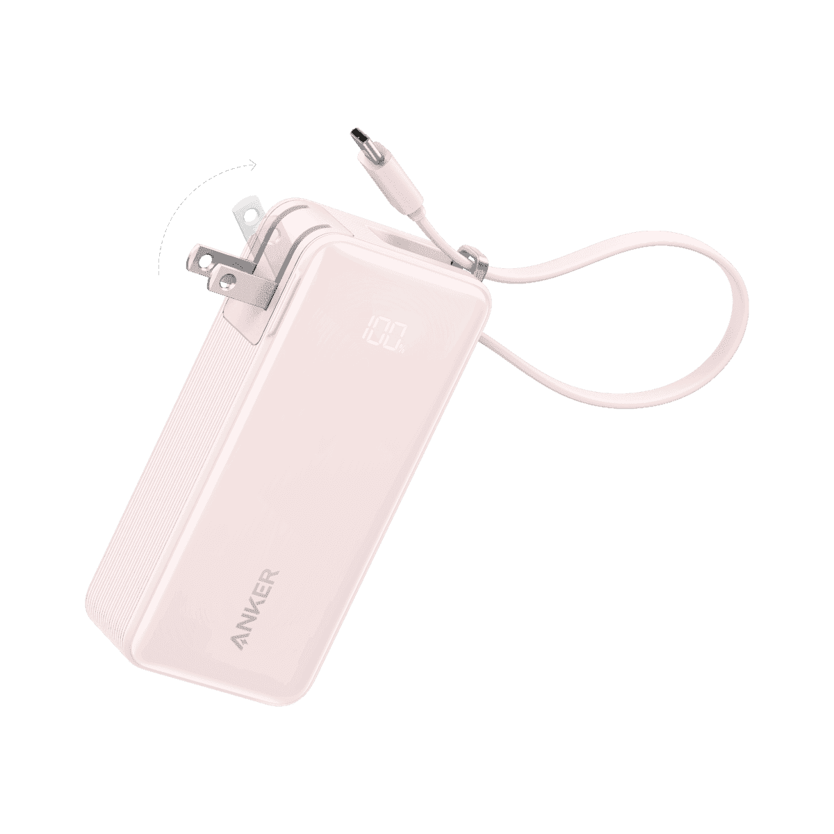 Pastel pink power bank with built-in USB-C cable and foldable plug attachment