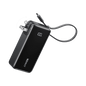 Dark power bank with built-in cable and charging port, showing battery level display