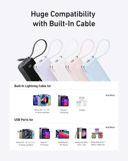 Black and white power banks with built-in Lightning cables, shown with compatible devices