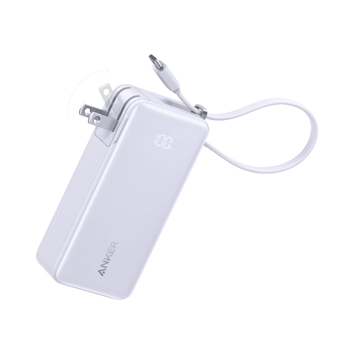 White portable power bank with built-in cable and USB-C connector