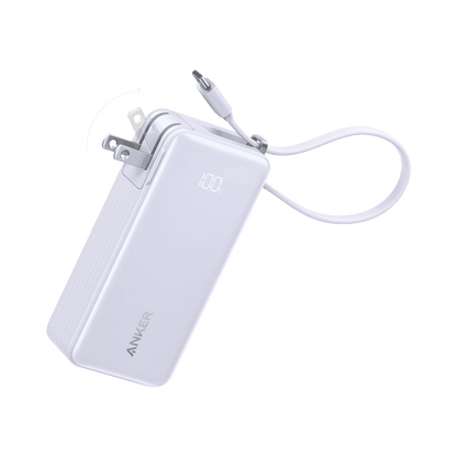 White portable power bank with built-in cable and USB-C connector