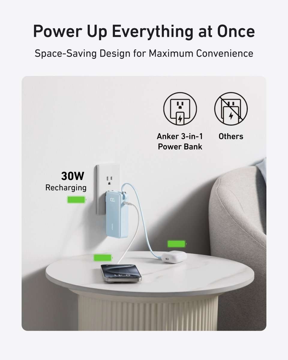 Light blue Anker 3-in-1 power bank with built-in cable charging a phone on a table