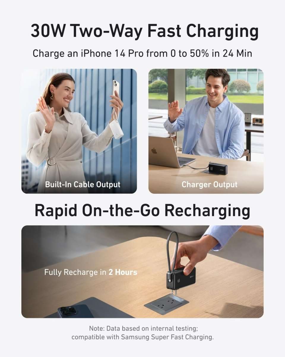 Dark power bank with built-in cable for fast on-the-go recharging to a phone