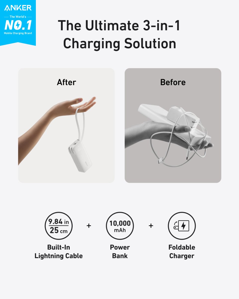 Anker Power Bank (10K, Fusion, Built - In Cable) - Cartsfy Inc.