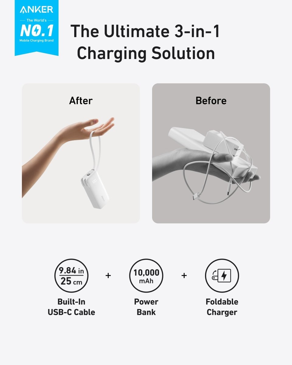 Anker Power Bank (10K, Fusion, Built - In Cable) - Cartsfy Inc.