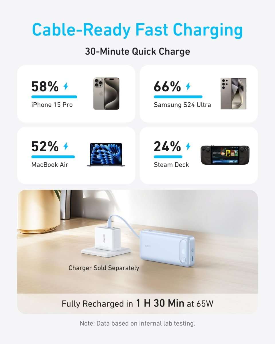 Black power bank with built-in cable and charging setup on tabletop