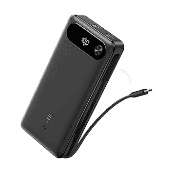 Black power bank with built-in USB-C cable, angled view