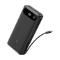 Black power bank with built-in USB-C cable, angled view