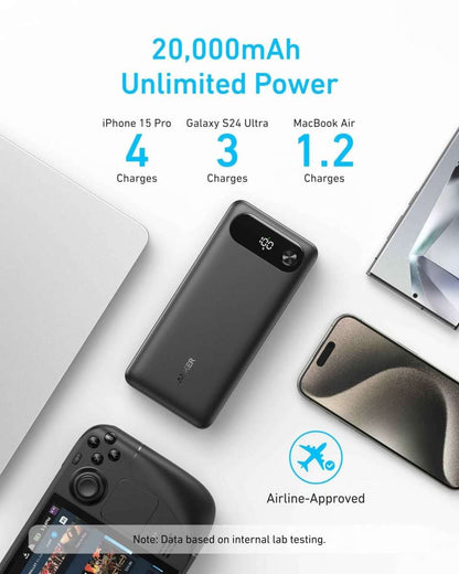 Black power bank with top indicator and USB-C charging port