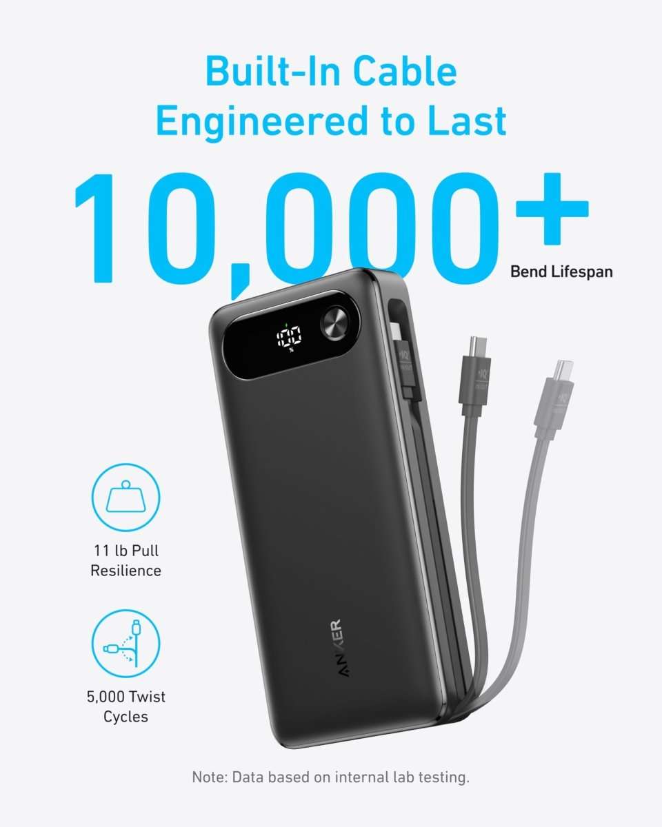 Black power bank with built-in USB-C cable and extra connectors