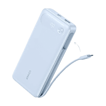 Misty blue power bank with built-in USB-C cable extended from the top edge