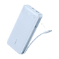 Misty blue power bank with built-in USB-C cable extended from the top edge