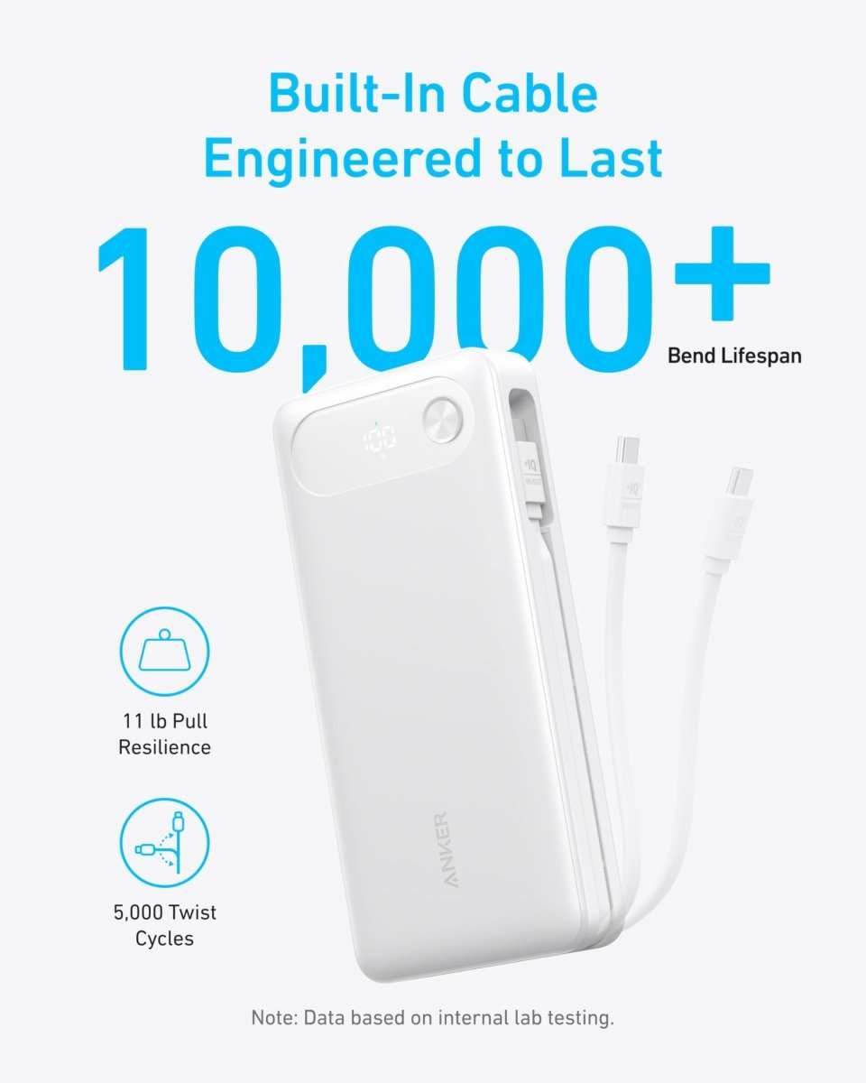 White power bank with built-in USB-C cable and multiple plug ends
