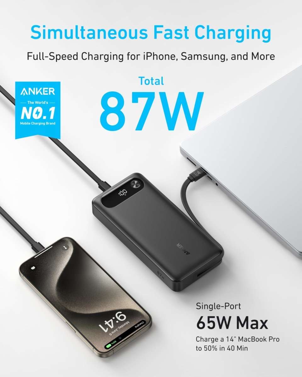 Black power bank with built-in USB-C cable and single USB-C port