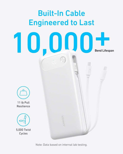 White power bank with built-in USB-C cable, front face with charging port