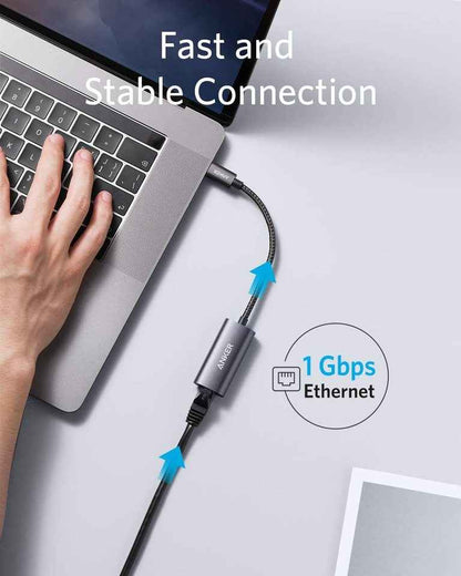 Gray Ethernet adapter with USB-C plug and RJ45 port connected by cable