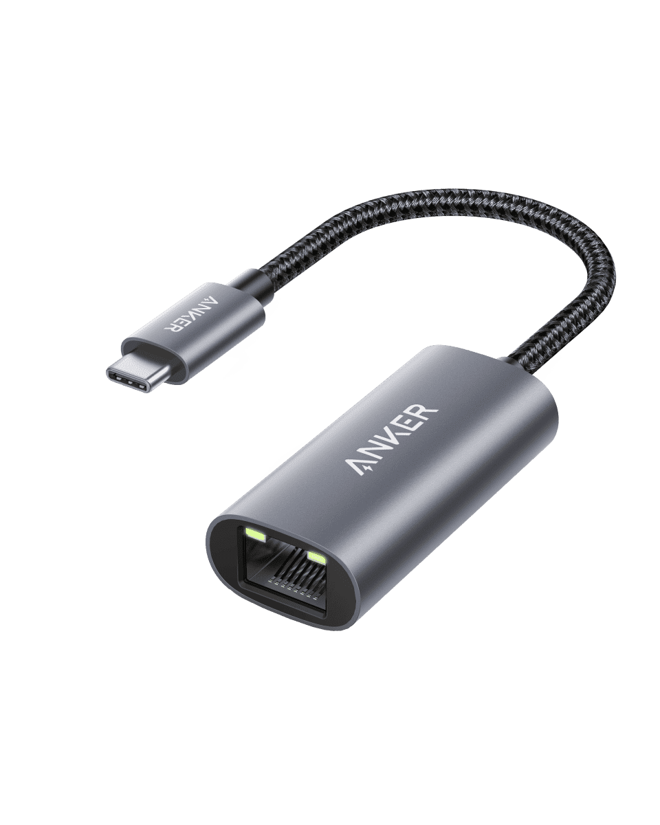 Gray USB-C to gigabit Ethernet adapter with RJ45 port and braided cable