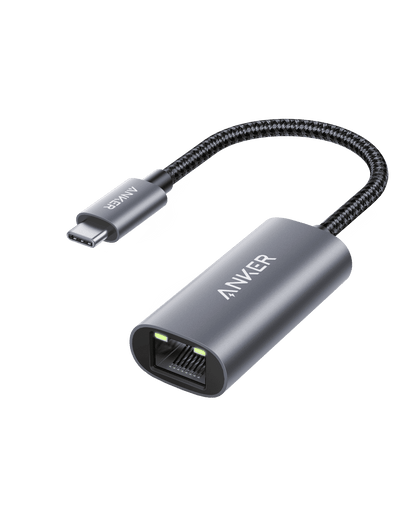 Gray USB-C to gigabit Ethernet adapter with RJ45 port and braided cable
