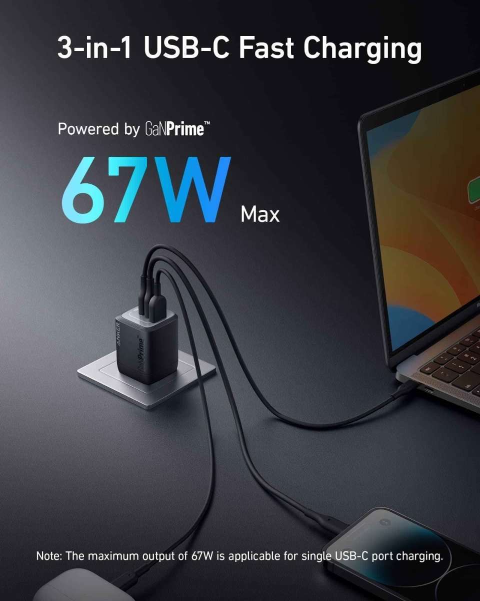 Anker Prime GaN wall charger, dark gray, three USB ports