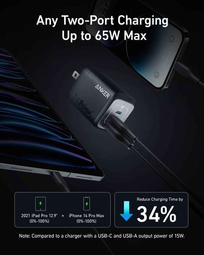 Anker Prime GaN wall charger with two USB connectors plugged in, dark gray