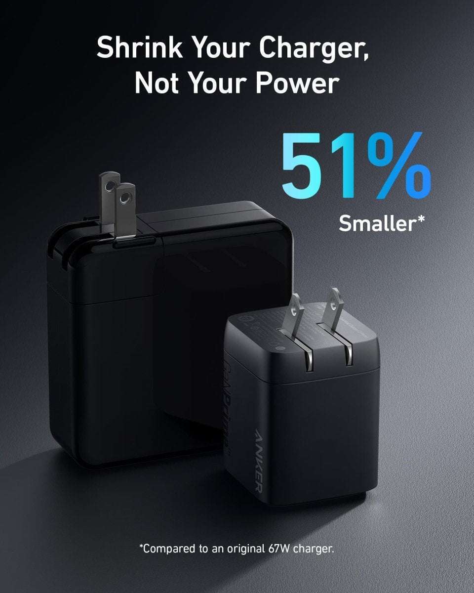 Anker Prime GaN wall charger with two-pin plug, dark gray housing