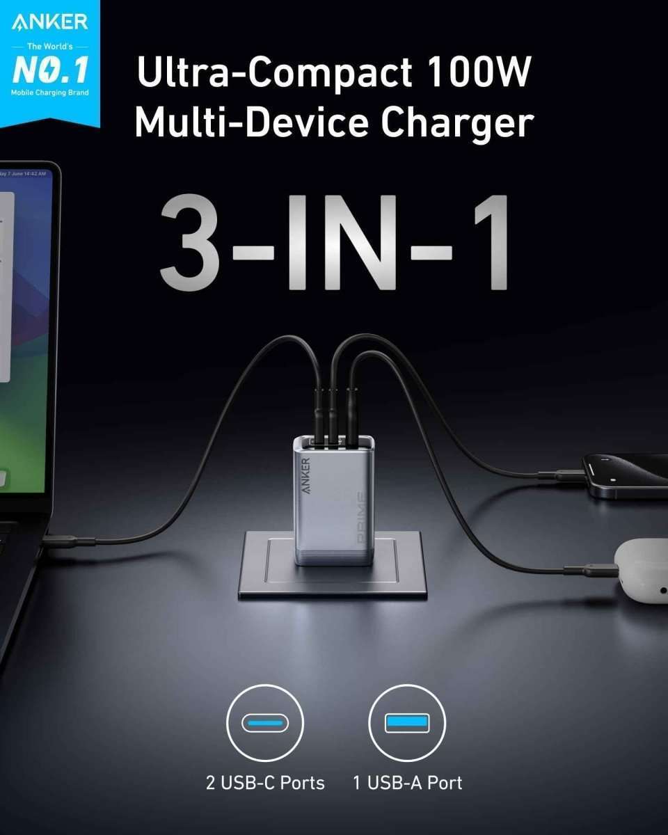 Anker Prime 100W GaN multi-port charger with three ports and prongs