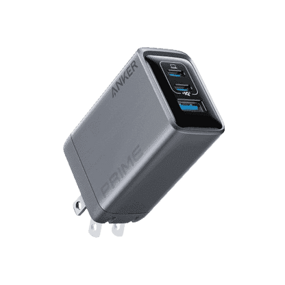 Multi-port GaN charger, silver/gray with foldable plug and side charging indicators