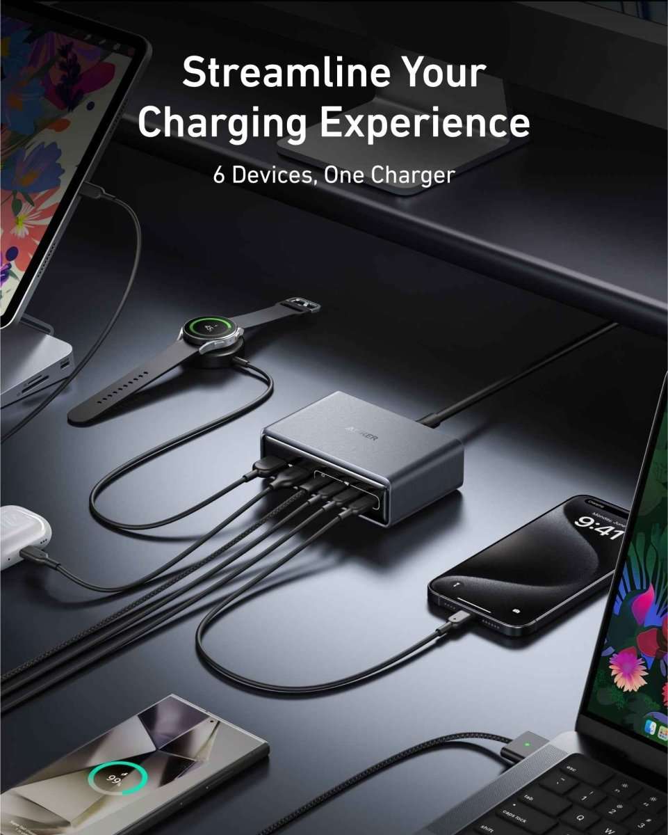 Anker Prime charger with gray housing and multiple cables plugged into six ports