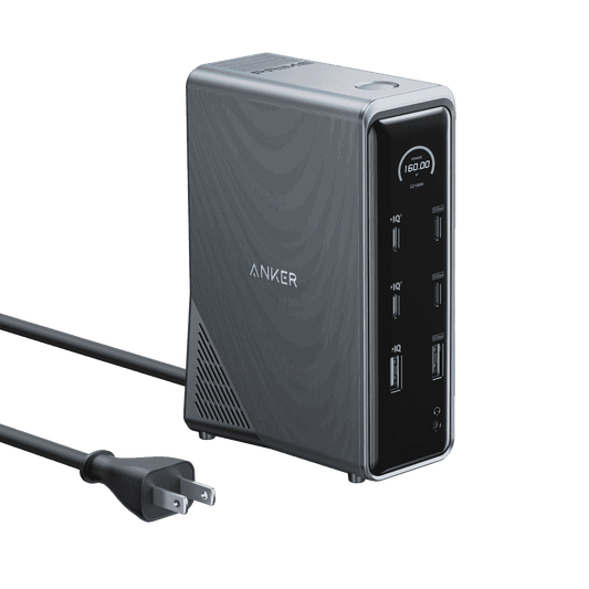 Dark gray multi-port charging docking station with side input and output ports