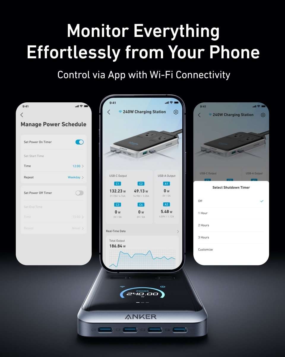 Anker Prime charging station with illuminated screen, designed for app control, black