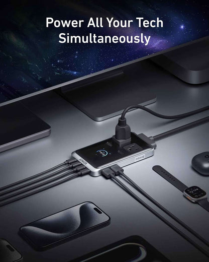 Anker Prime charging station with connected cables and multi-port hub, black