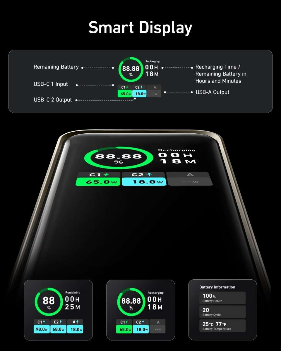 Champagne power bank with smart display showing battery and charging info