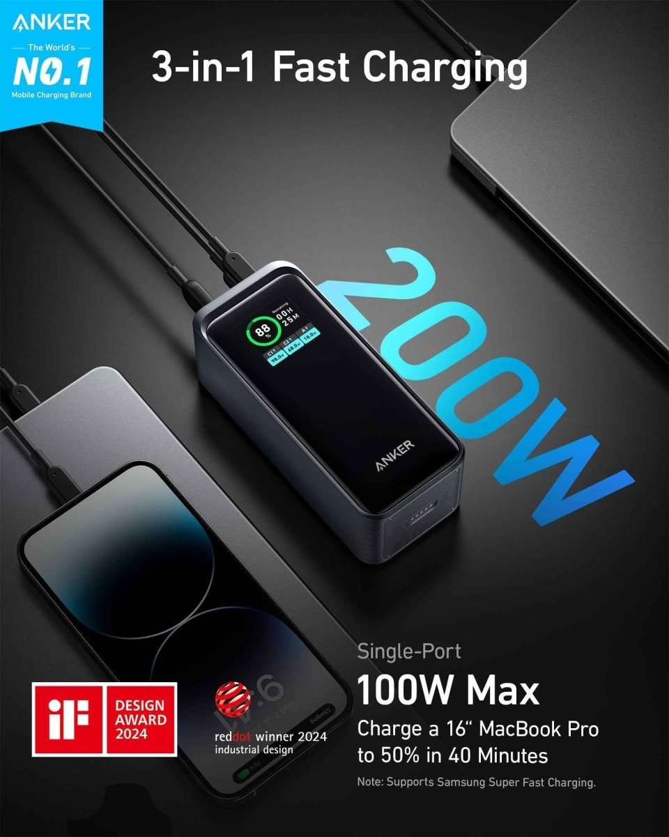 Anker Prime power bank with dark body and front LED screen showing 88%