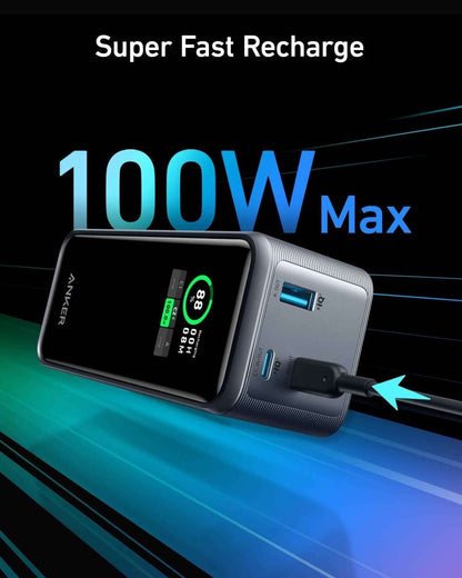 Anker Prime power bank in gray with charging port lit and front screen 88%