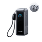 Power bank in dark gray with lanyard strap, blue display, USB-C and USB-A ports