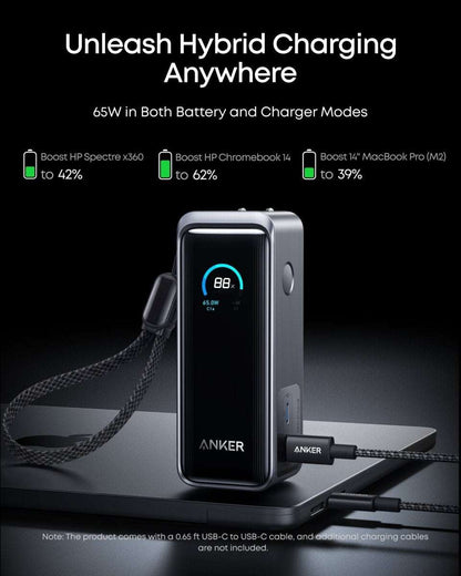Power bank with connected cable, blue display reading 88%, metallic gray body
