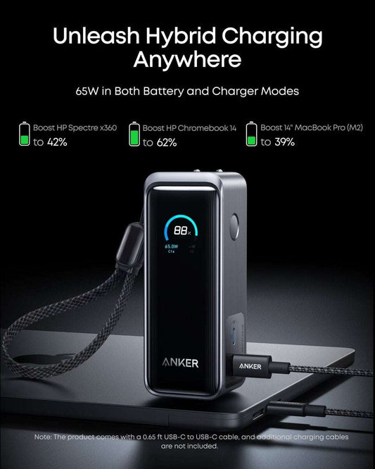Power bank with connected cable, blue display reading 88%, metallic gray body