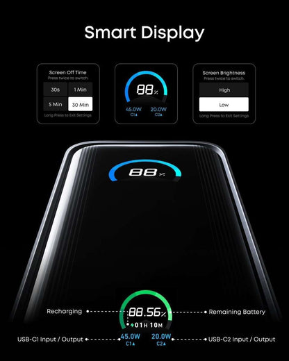 Anker Prime power bank with blue 88W display and side ports, dark finish