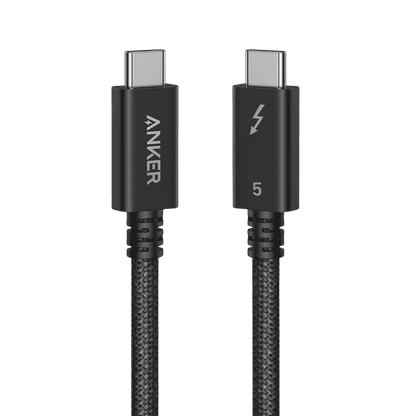 Black Thunderbolt 5 cable with two USB-C connectors, braided jacket