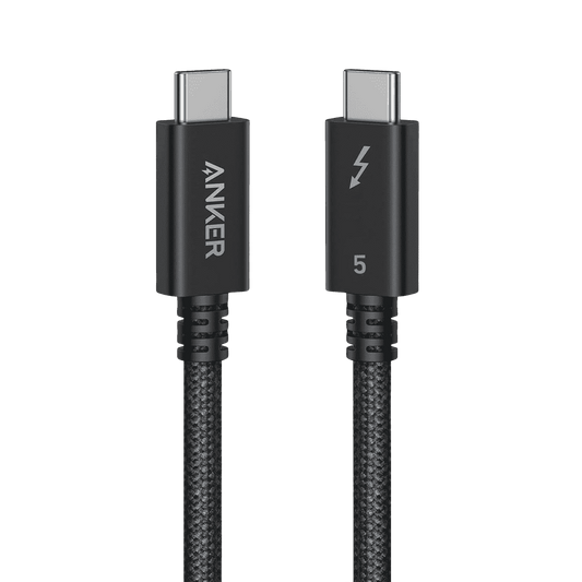 Black Thunderbolt 5 cable with two USB-C connectors, braided jacket