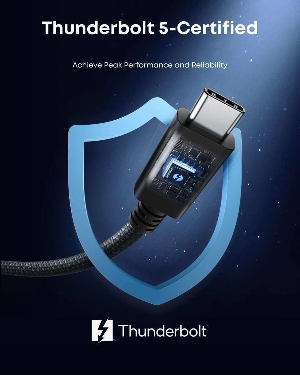 Black Thunderbolt 5 cable with USB-C connector and braided cord