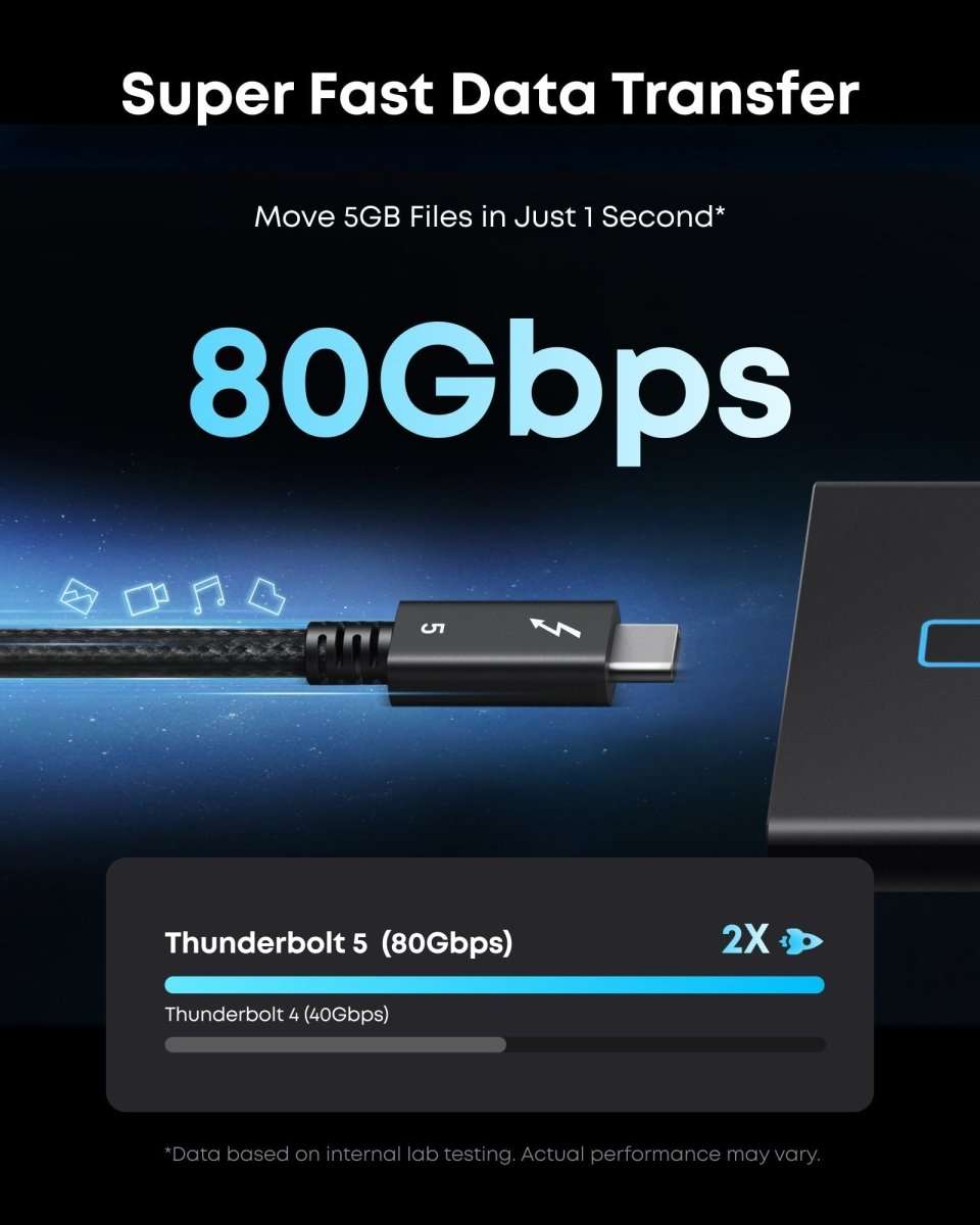 Black Thunderbolt 5 cable with USB-C plug and braided jacket