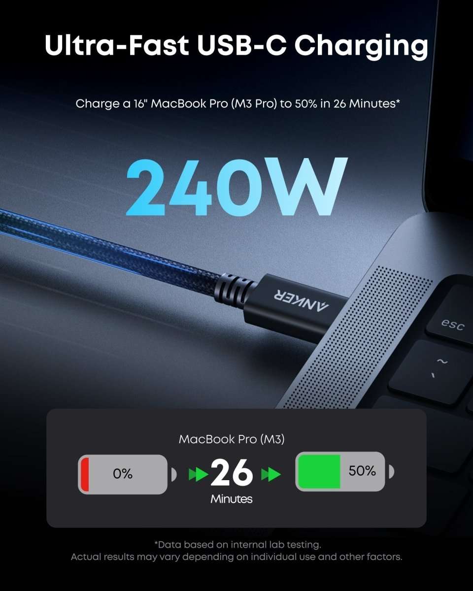 Black Thunderbolt 5 cable with USB-C connector on braided cord