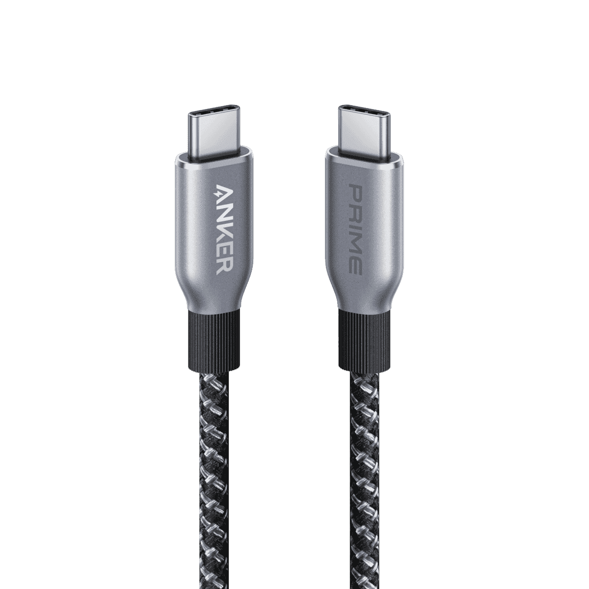 USB-C to USB-C cable with two silver connectors and black braided section